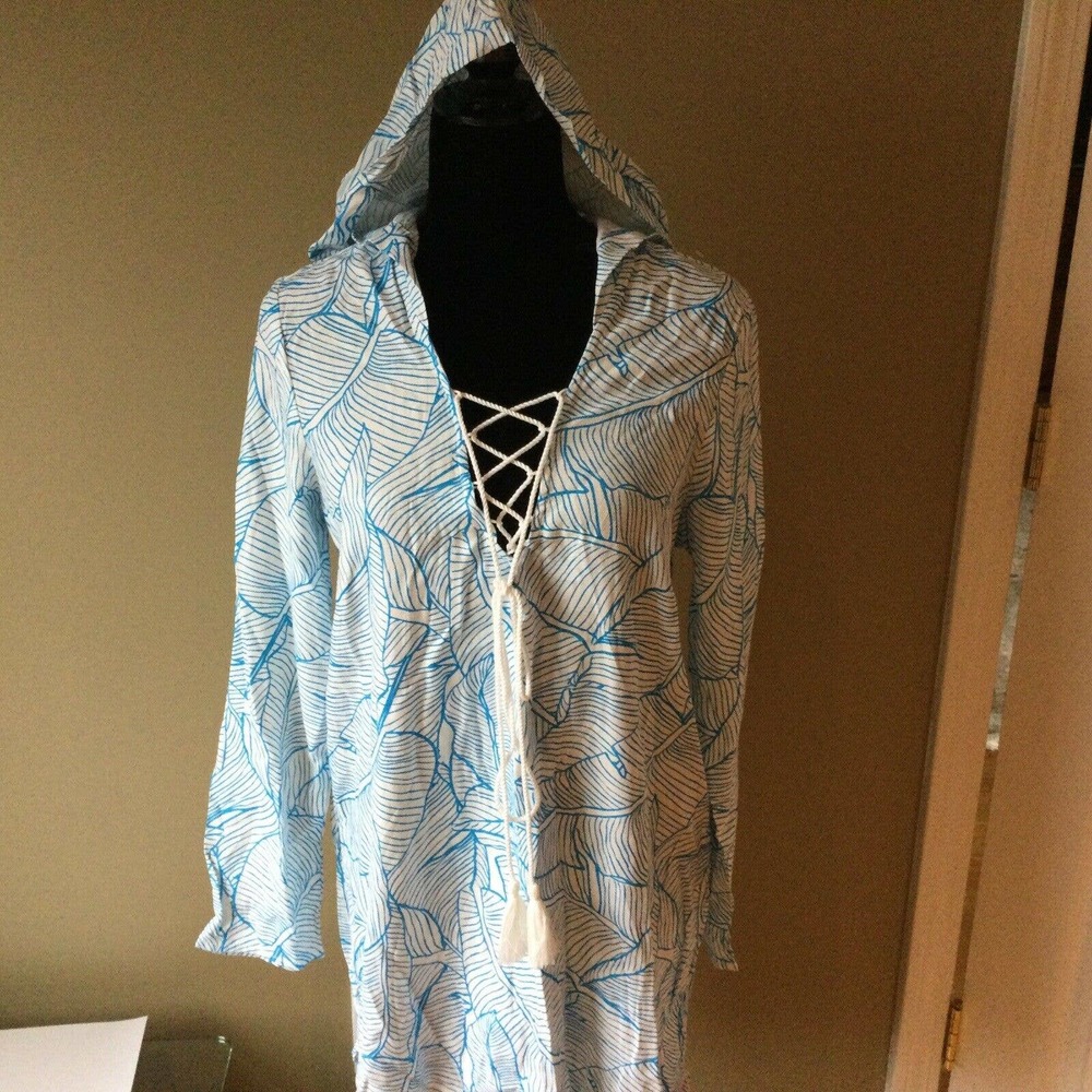 Charlie Holiday Blue white coverup Casual Dress S Hood Lace up tassels long slv